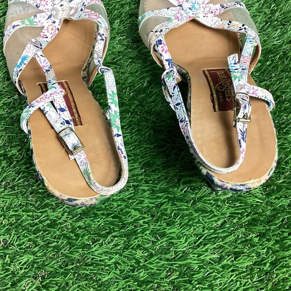 Jack Rogers Vintage Heeled Leather Sandal Floral Pastel 7M